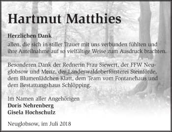 Traueranzeige von Hartmut Matthies von Märkische Oderzeitung