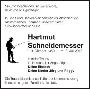 Traueranzeige von Hartmut Schneidemesser von Märkische Oderzeitung