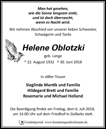 Traueranzeige von Helene Oblotzki von Märkische Oderzeitung