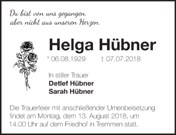 Traueranzeige von Helga Hübner von Märkische Oderzeitung