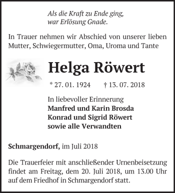 Traueranzeige von Helga Röwert von Märkische Oderzeitung