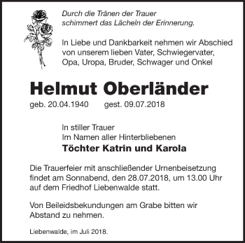 Traueranzeige von Helmut Oberländer von Märkische Oderzeitung