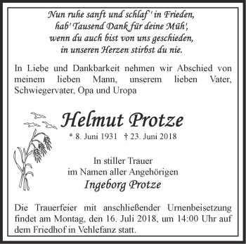 Traueranzeige von Helmut Protze von Märkische Oderzeitung