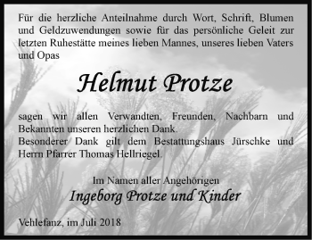 Traueranzeige von Helmut Protze von Märkische Oderzeitung