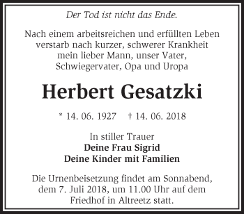 Traueranzeige von Herbert Gesatzki von Märkische Oderzeitung