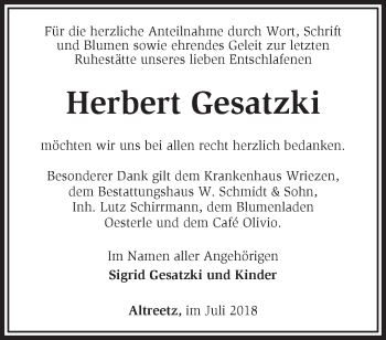 Traueranzeige von Herbert Gesatzki von Märkische Oderzeitung