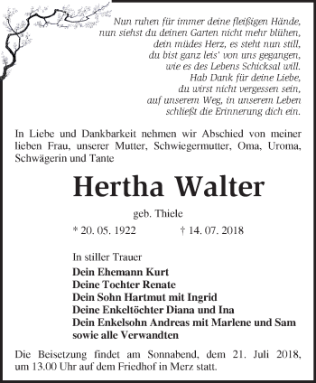 Traueranzeige von Hertha Walter von Märkische Oderzeitung