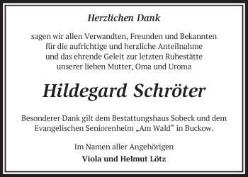 Traueranzeige von Hildegard Schröter von Märkische Oderzeitung