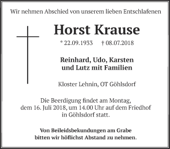 Traueranzeige von Horst Krause von Märkische Oderzeitung