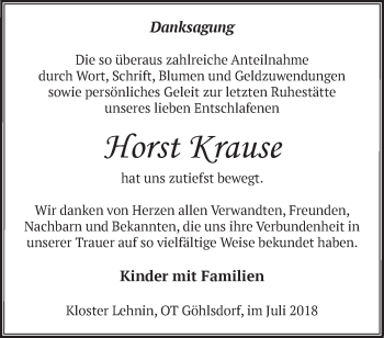 Traueranzeige von Horst Krause von Märkische Oderzeitung