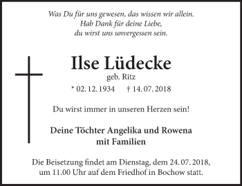 Traueranzeige von Ilse Lüdecke von Märkische Oderzeitung