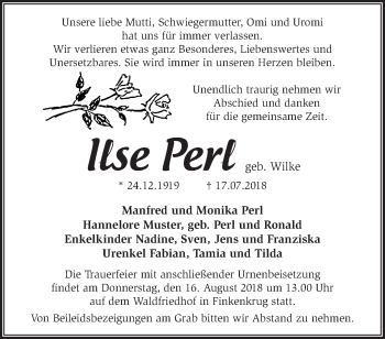 Traueranzeige von Ilse Perl von Märkische Oderzeitung