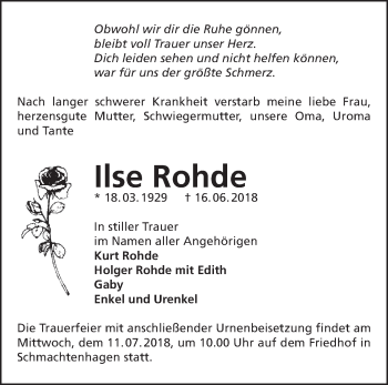 Traueranzeige von Ilse Rohde von Märkische Oderzeitung