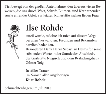 Traueranzeige von Ilse Rohde von Märkische Oderzeitung