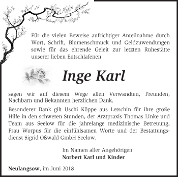 Traueranzeige von Inge Karl von Märkische Oderzeitung