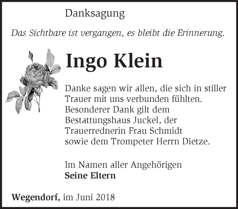  Traueranzeige für Ingo Klein vom 30.06.2018 aus Märkische Oderzeitung