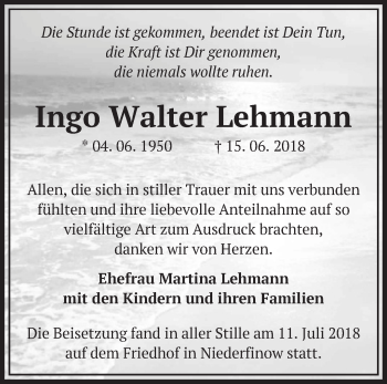 Traueranzeige von Ingo Walter Lehmann von Märkische Oderzeitung