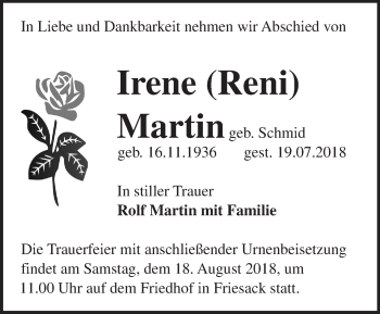 Traueranzeige von Irene Martin von Märkische Oderzeitung