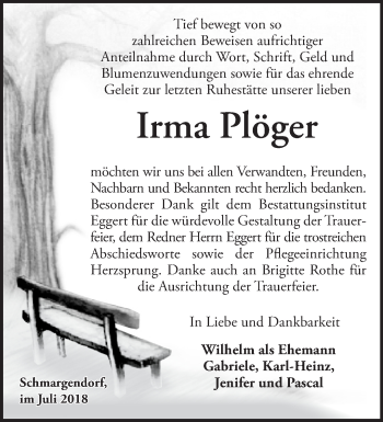 Traueranzeige von Irma Plöger von Märkische Oderzeitung