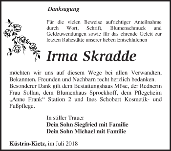 Traueranzeige von Irma Skradde von Märkische Oderzeitung