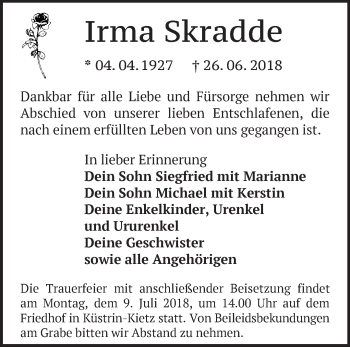 Traueranzeige von Irma Skradde von Märkische Oderzeitung