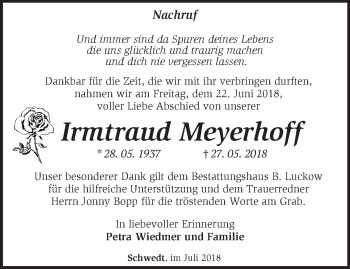 Traueranzeige von Irmtraud Meyerhoff von Märkische Oderzeitung