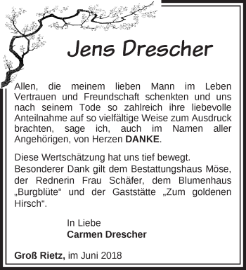 Traueranzeige von Jens Drescher von Märkische Oderzeitung