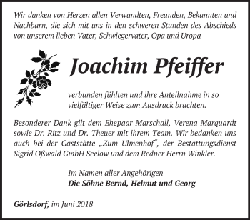 Traueranzeige von Joachim Pfeiffer von Märkische Oderzeitung