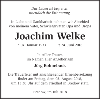 Traueranzeige von Joachim Welke von Märkische Oderzeitung