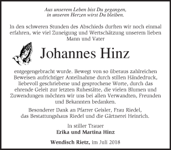 Traueranzeige von Johannes Hinz von Märkische Oderzeitung