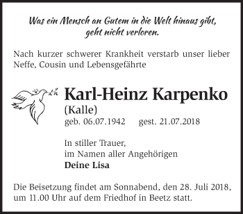 Traueranzeige von Karl-Heinz Karpenko von Märkische Oderzeitung