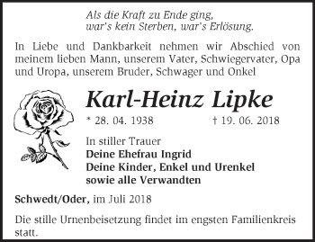 Traueranzeige von Karl-Heinz Lipke von Märkische Oderzeitung