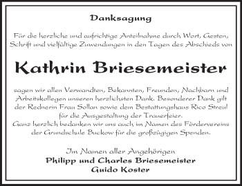 Traueranzeige von Kathrin Briesemeister von Märkische Oderzeitung