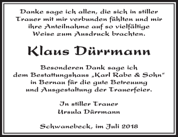 Traueranzeige von Klaus Dürrmann von Märkische Oderzeitung