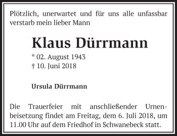 Traueranzeige von Klaus Dürrmann von Märkische Oderzeitung