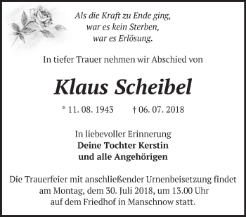 Traueranzeige von Klaus Scheibel von Märkische Oderzeitung