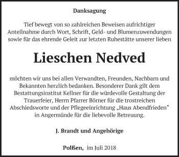 Traueranzeige von Lieschen Nedved von Märkische Oderzeitung