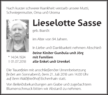 Traueranzeige von Lieselotte Sasse von Märkische Oderzeitung