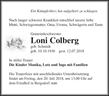 Traueranzeige von Loni Colberg von Märkische Oderzeitung