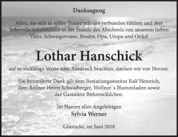 Traueranzeige von Lothar Hanschick von Märkische Oderzeitung