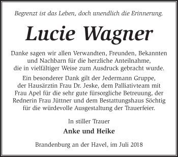 Traueranzeige von Lucie Wagner von Märkische Oderzeitung