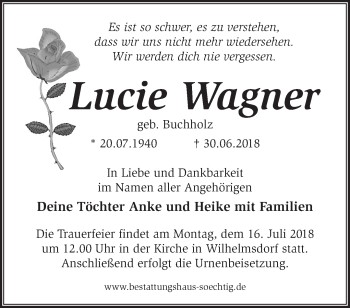 Traueranzeige von Lucie Wagner von Märkische Oderzeitung