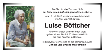 Traueranzeige von Luise Böttcher von Märkische Oderzeitung