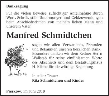 Traueranzeige von Manfred Schmidtchen von Märkische Oderzeitung