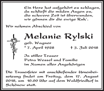 Traueranzeige von Melanie Rylski von Märkische Oderzeitung