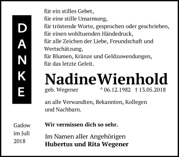 Traueranzeige von Nadine Wienhold von Märkische Oderzeitung