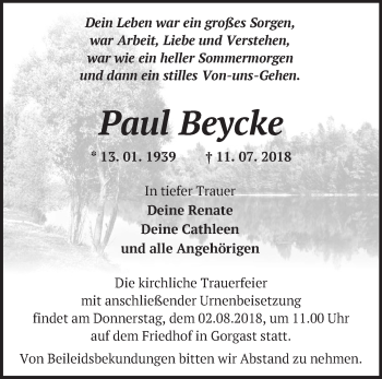 Traueranzeige von Paul Beycke von Märkische Oderzeitung