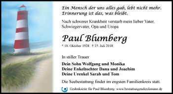 Traueranzeige von Paul Blumberg von Märkische Oderzeitung