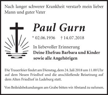 Traueranzeige von Paul Gurn von Märkische Oderzeitung