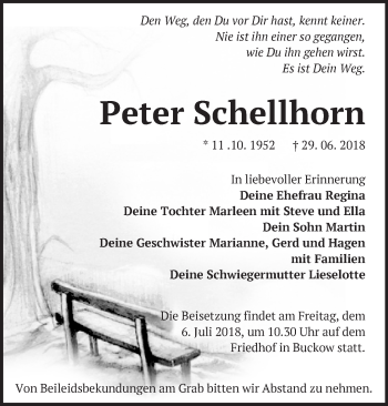 Traueranzeige von Peter Schellhorn von Märkische Oderzeitung